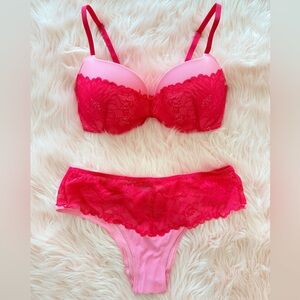 Adore Me Pink and Red Lace Push Up Bra Set